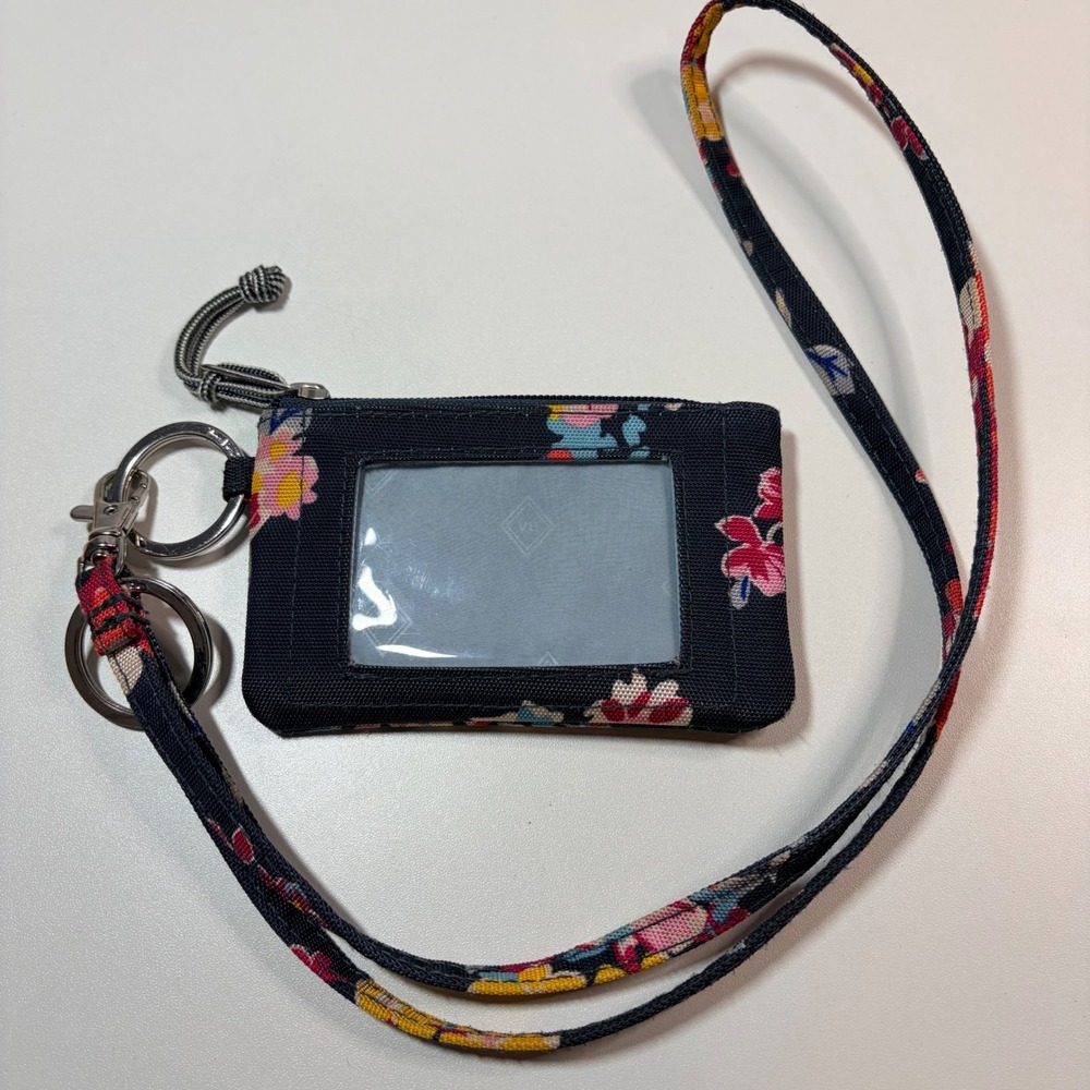 Vera Bradley Floral Zip ID Case Lanyard Navy Blue Pink Key Ring Wallet